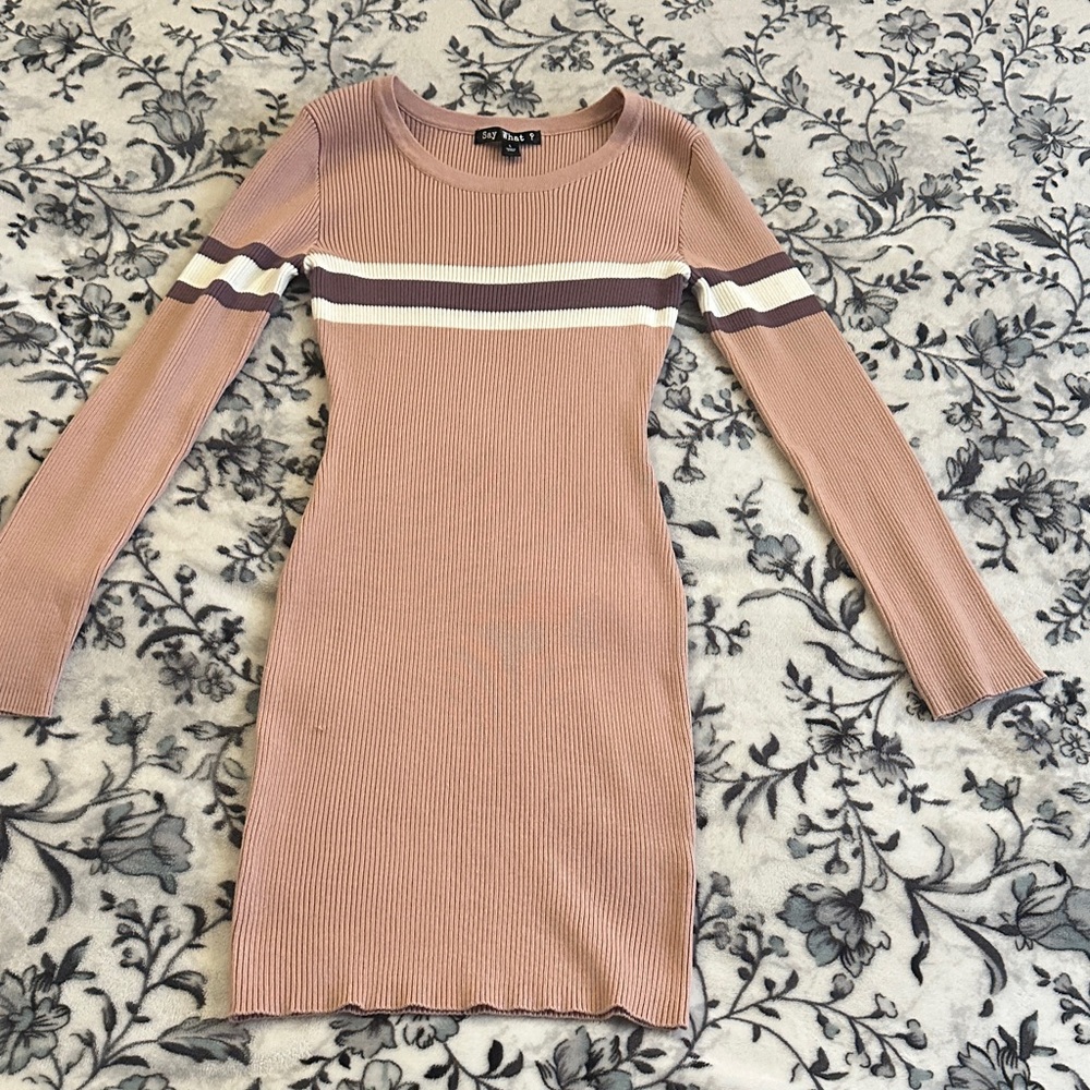 Say What? Pink Long Sleeve Dress with White and Purple Stripes